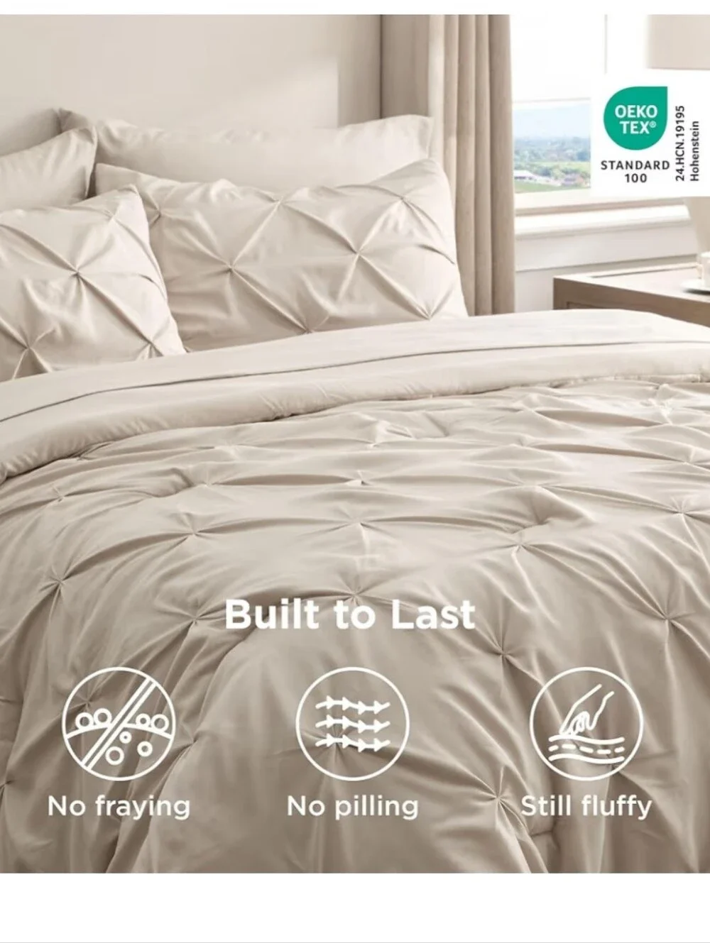 Bedsure Full Comforter 7 Piece Set. Bed in a Bag Gentlesoft Pintuck - Beige